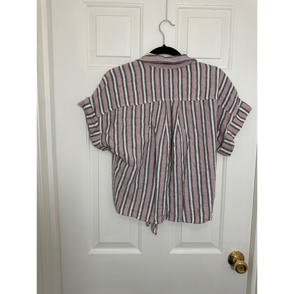 Cloth & Stone Striped Tie Front Linen Blend Button Down Shirt Navy Red White S - Picture 4 of 5